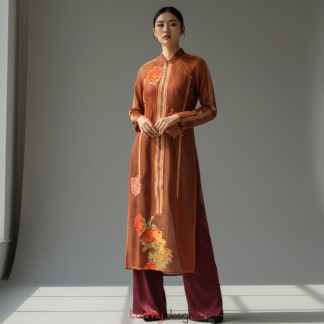 Áo dài xuông lưới phối thổ cẩm, thêu đắp nâu đồng